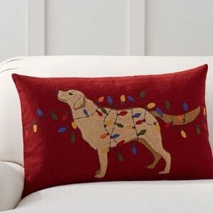 Pottery Barn Christmas pillow dog tangled in lights crewel embroidery yellow lab